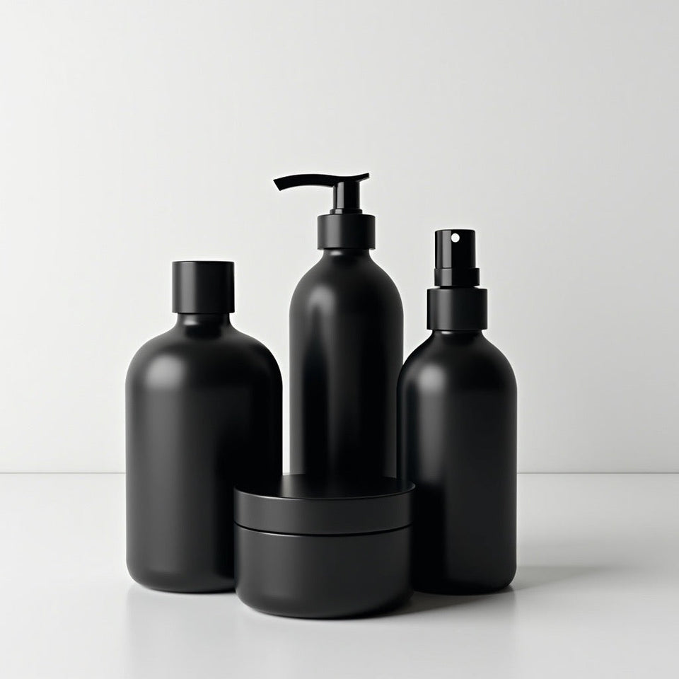 Elegant display of luxury body care products in sleek black packaging for a sophisticated aesthetic