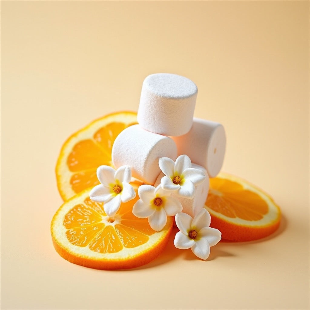 Orange blossom marshmallow body spray. Designer Inspired body spray. Luxury for less. Inspired by Carolina Herrera Love, Don't be Shy. Luxury fragrances for less. Designer fragrances for less. Kansas City fragrance business. Handcrafted in Platte City, MO. Designer inspired for less. Body spray with notes of marshmallow, orange and white florals.