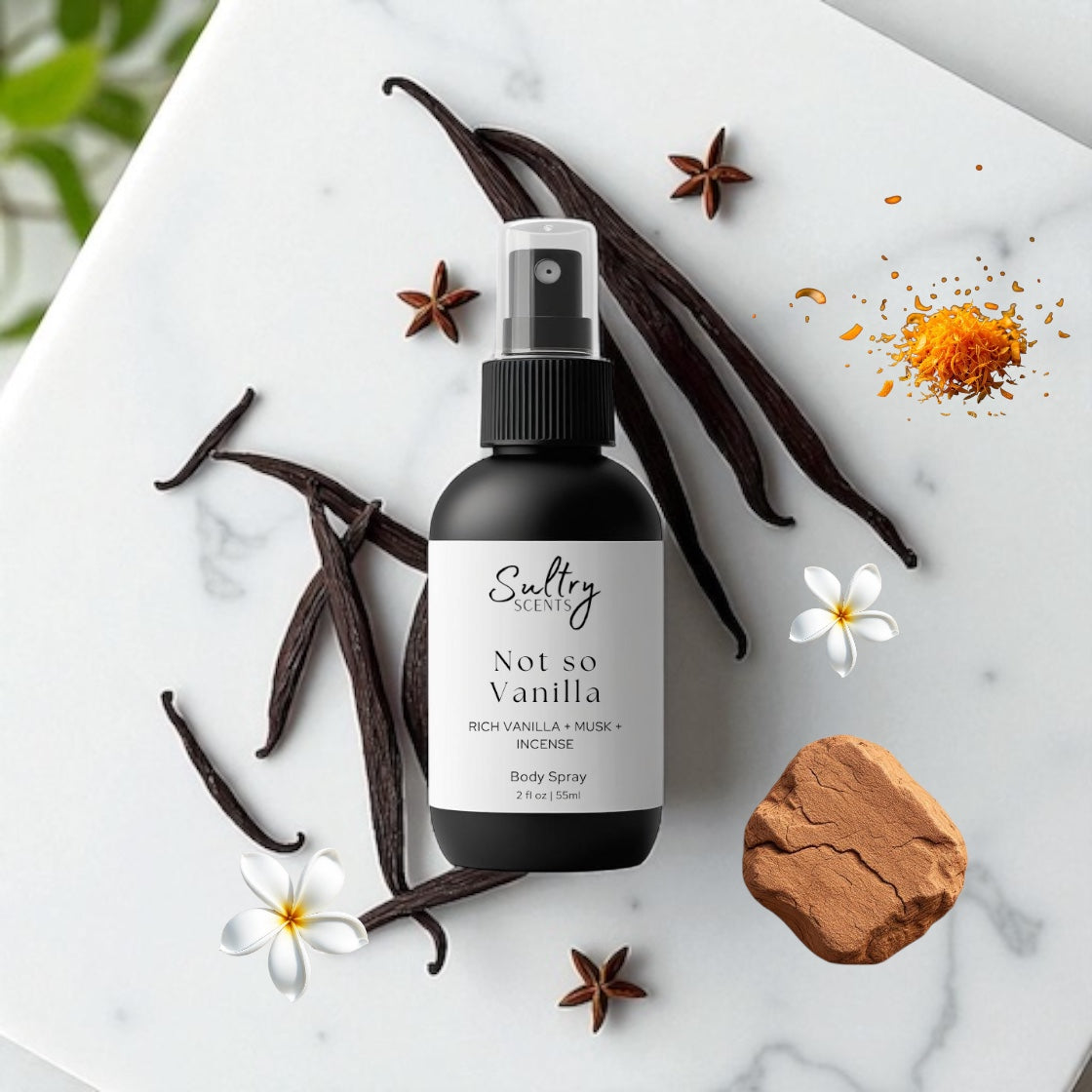 Sultry Scents Vanille 44 dupe body spray with vanilla pods and natural spices on marble