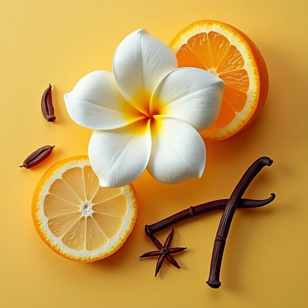Vanille 44 dupe roll on perfume with white flower, orange slices, star anise, and vanilla pods on yellow background