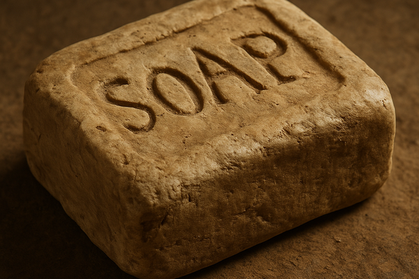 An old artisanal soap bar showcasing the history of cold process soap with a textured surface