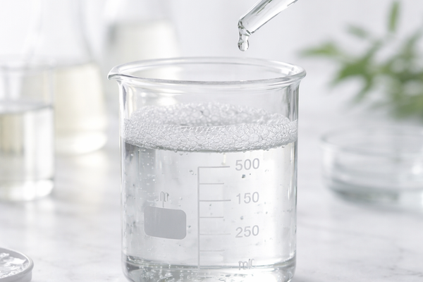 Chemical experiment featuring a clear glass beaker with clear surfactant liquid exploring if all sulfates are bad