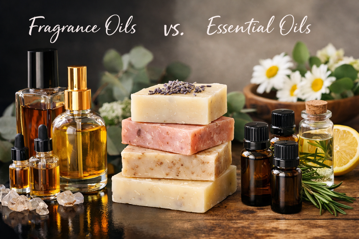 Comparison of Fragrance Oils vs Essential Oils with various bottles and handmade soaps