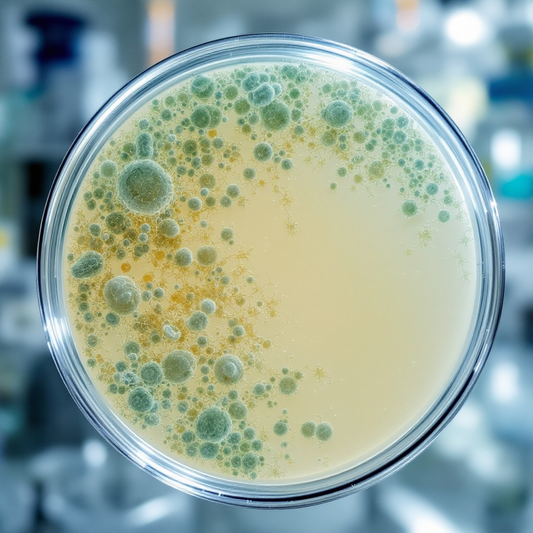 Bacteria shown in Petri dish from not using preservatives.