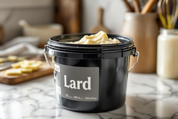 Black container of lard on marble countertop highlighting benefits of lard in soap for skin nourishment