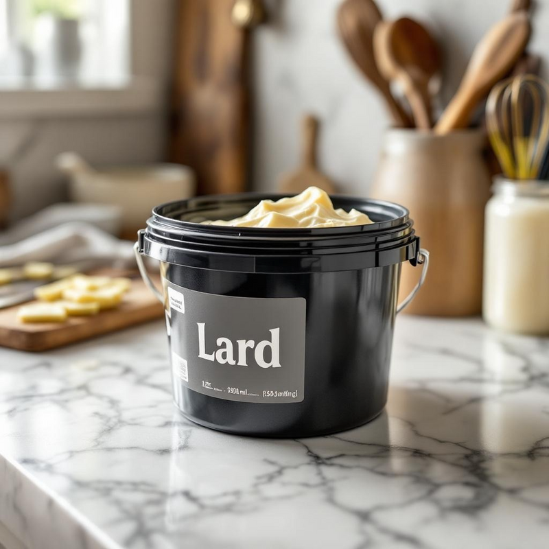 Black container of lard on marble countertop highlighting benefits of lard in soap for skin nourishment