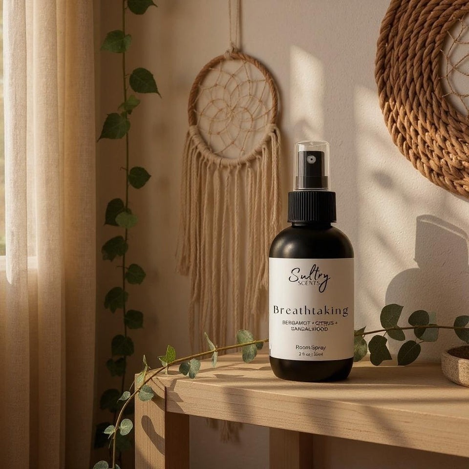 Hand holding a black spray bottle emitting mist, showcasing luxury odor eliminating room sprays