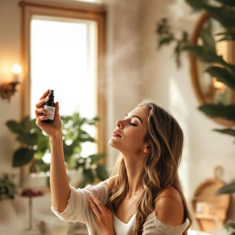 Designer Inspired Body Spray in a sleek black bottle held by a confident woman ready to spritz a captivating fragrance