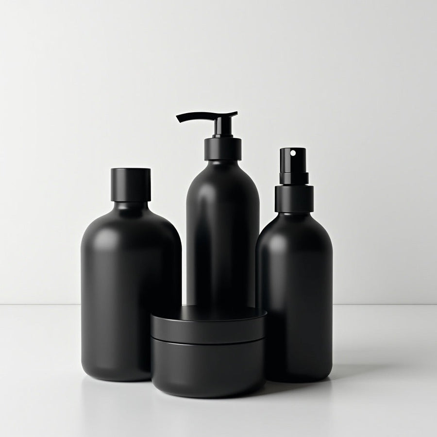 Elegant display of luxury body care products in sleek black packaging for a sophisticated aesthetic