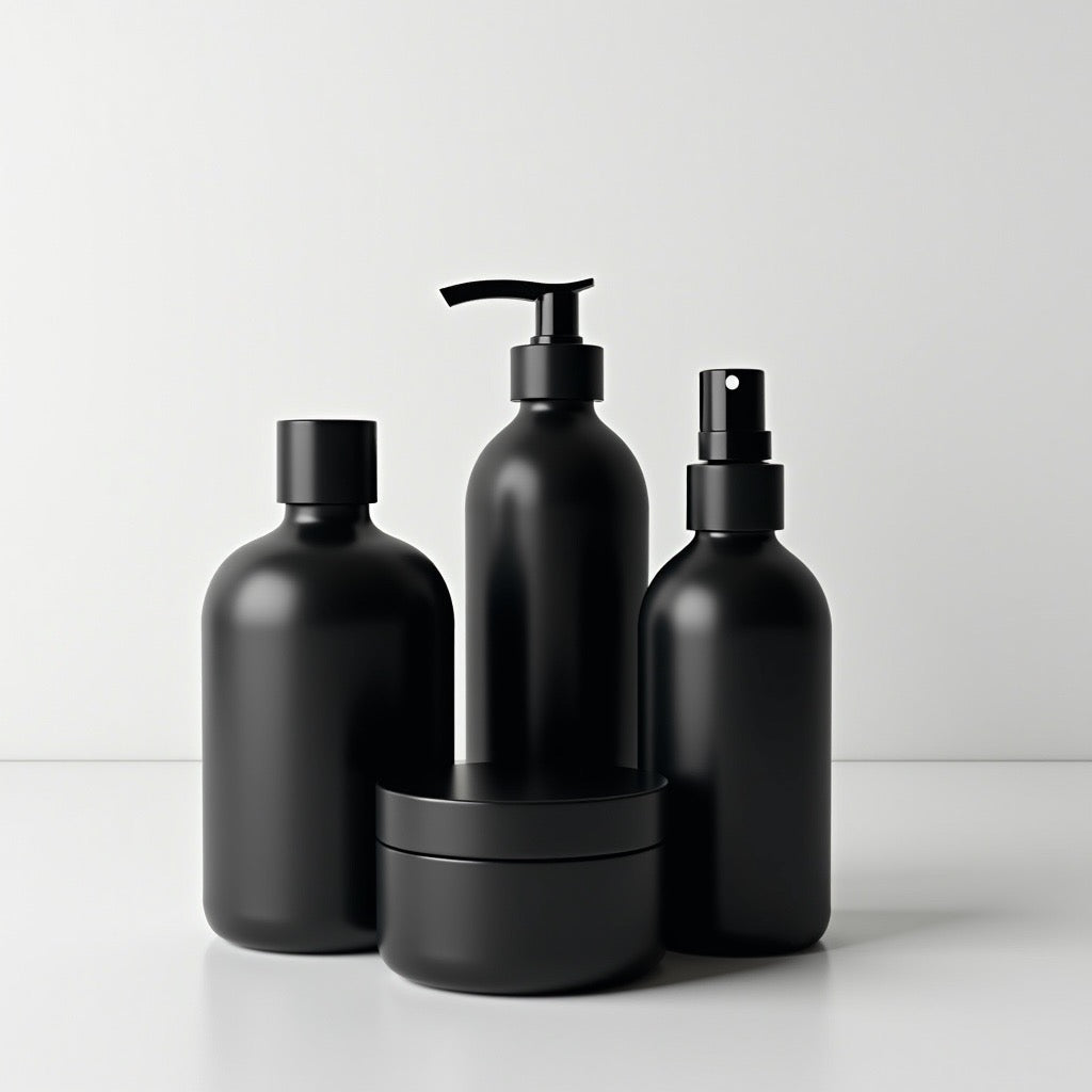 Elegant display of luxury body care products in sleek black packaging for a sophisticated aesthetic