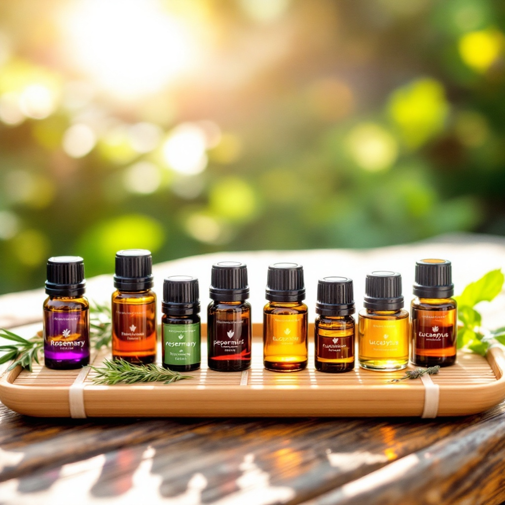 Luxurious collection of luxury essential oils in amber bottles on a wooden tray surrounded by greenery