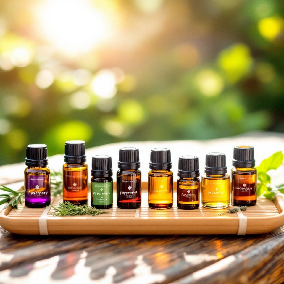 Luxurious collection of luxury essential oils in amber bottles on a wooden tray surrounded by greenery
