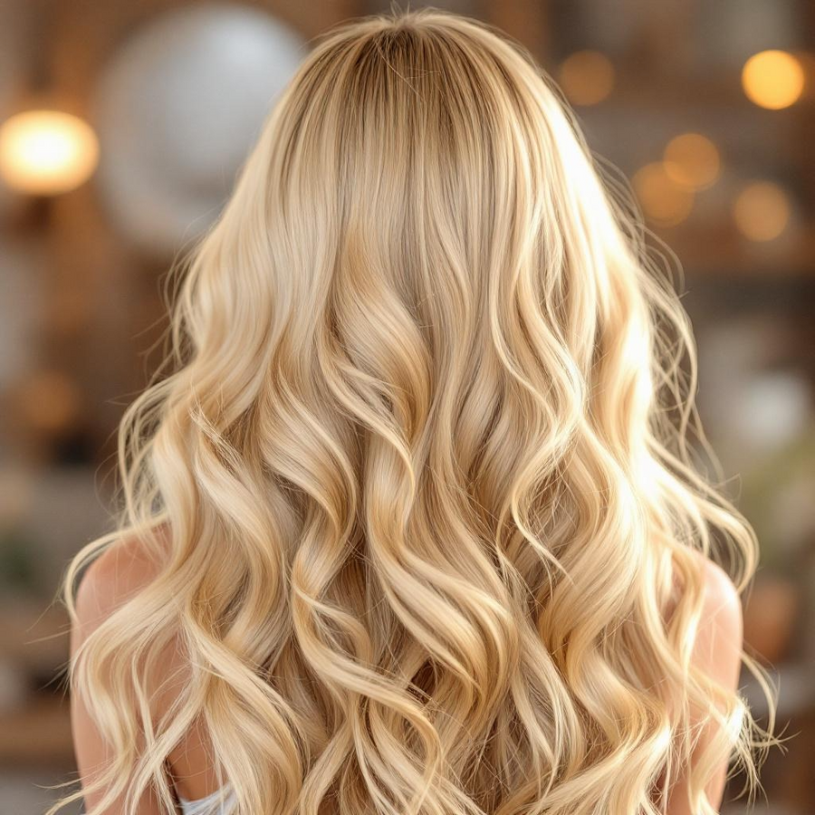 Back view of long blonde wavy hair showcasing soft shiny results of Sultry Scented Hair Care products
