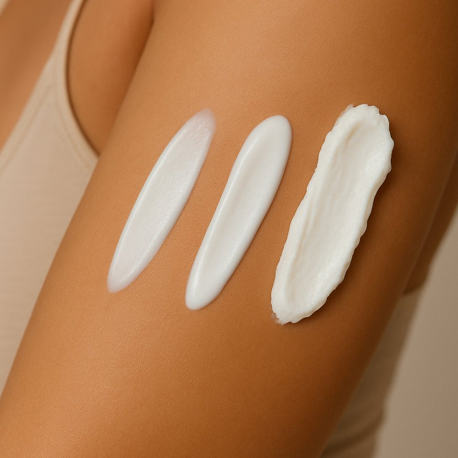 Model applying three different lotions to her arm showcasing Sultry Scents three different lotion offerings. Going from lightest to heaviest viscosity. 