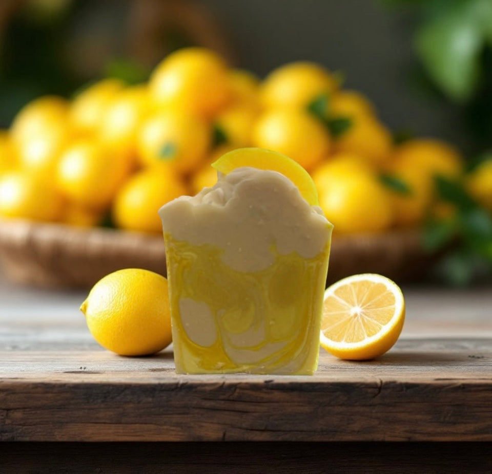 Luxury handcrafted soap with a creamy texture and vibrant lemon scent, set against fresh lemons