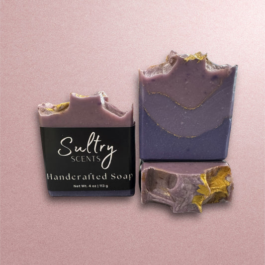 Black Raspberry Vanilla Soap. Kansas City soap company. Triple layered purple soap with gold pencil lines.