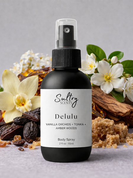Sultry Scents Vanilla 28 dupe body spray in a sleek bottle with natural ingredients backdrop