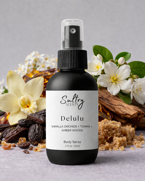 Sultry Scents Vanilla 28 dupe body spray in a sleek bottle with natural ingredients backdrop