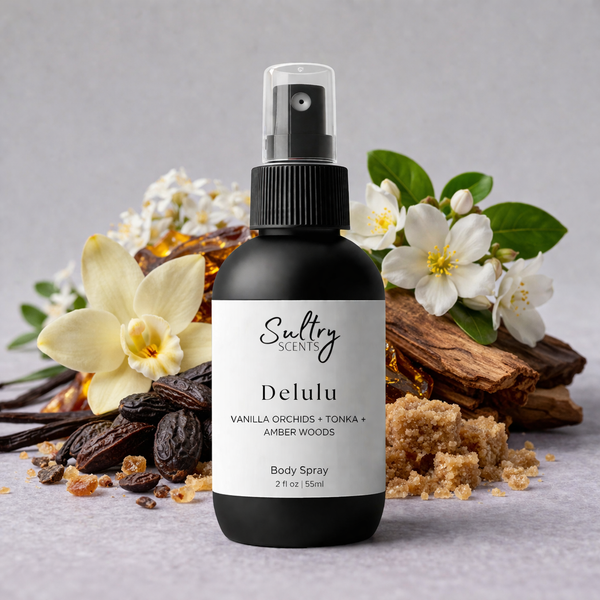 Sultry Scents Vanilla 28 dupe body spray in a sleek bottle with natural ingredients backdrop