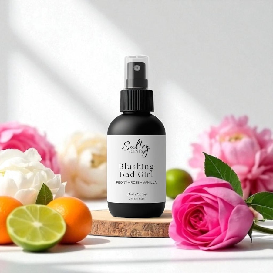 Sultry Scents Good girl blush inspired body spray with peony rose and vanilla scent surrounded by fresh flowers and citrus