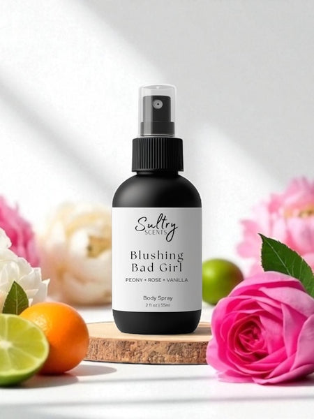Sultry Scents Good girl blush inspired body spray with peony rose and vanilla scent surrounded by fresh flowers and citrus