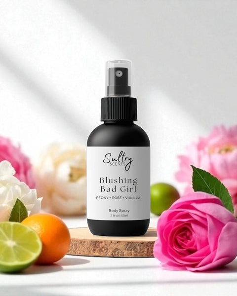 Sultry Scents Good girl blush inspired body spray with peony rose and vanilla scent surrounded by fresh flowers and citrus