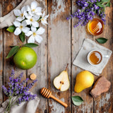 Sulfate free Solid Shampoo Bar scented with white tea, pear, bergamot, honey, jasmine and lavender on rustic wood for natural scent