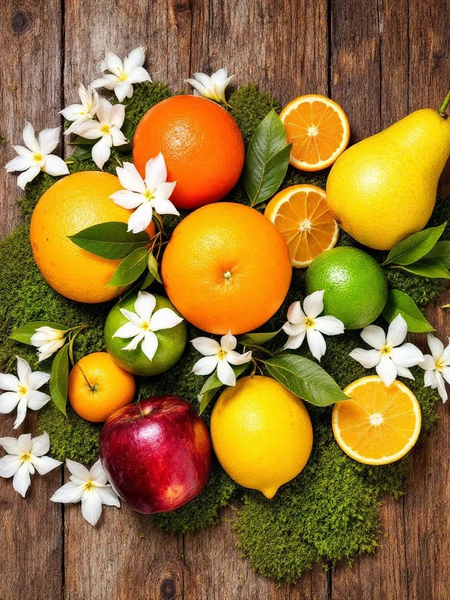 Fresh citrus fruits and flowers arranged on wood representing Another 13 dupe body spray fragrance notes