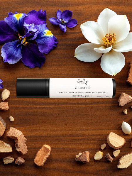 Sultry Scents roll on fragrance oil on wood with magnolia and iris petals and sandalwood Mojave Ghost dupe roll on perfume