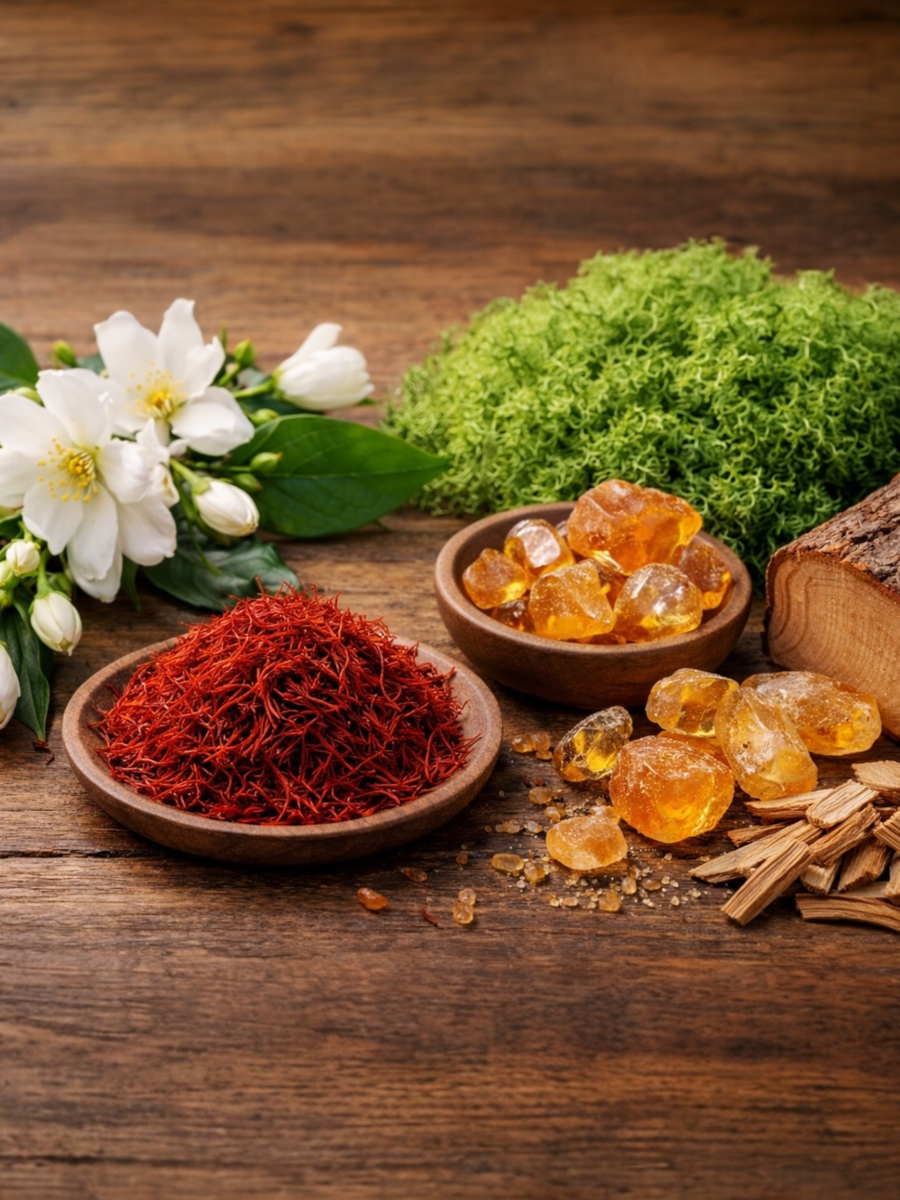 Scent notes for Baccarat Rouge 540 inspired luxury soap including saffron, amber, oakmoss, cedar, sandalwood elements