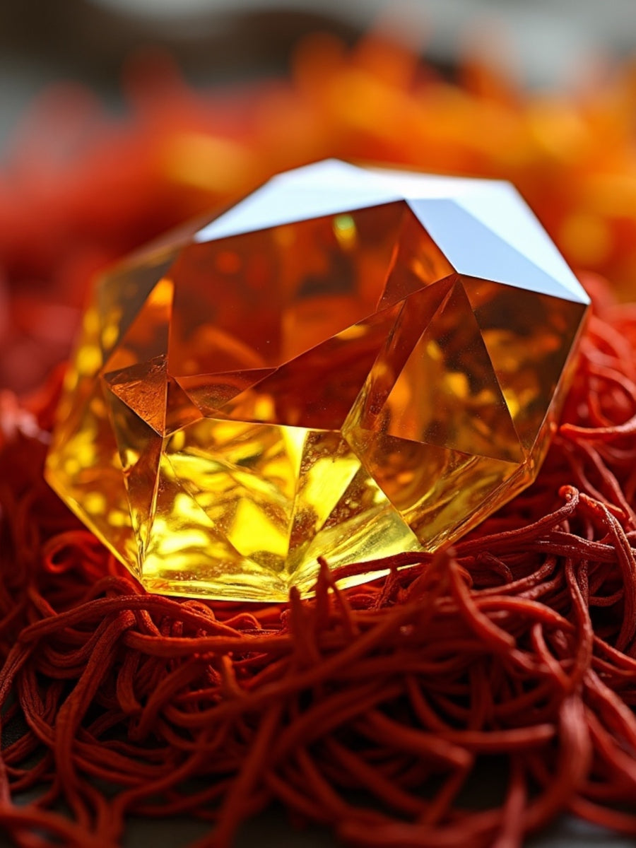 Sultry Scents Baccarat Rouge dupe foaming hand soap shaped like a faceted amber crystal on red decorative fibers