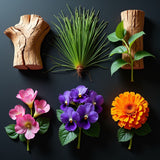 Bal Dafrique dupe Roll On Perfume ingredients featuring wood, pine needles, green leaves, pink, purple, and marigold.