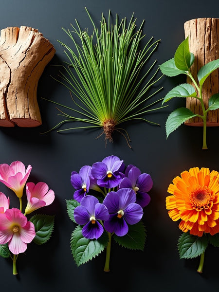 Bal Dafrique dupe Roll On Perfume ingredients featuring wood, pine needles, green leaves, pink, purple, and marigold.