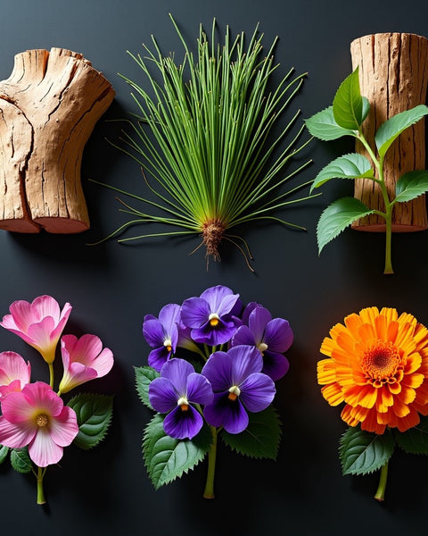 Bal Dafrique dupe Roll On Perfume ingredients featuring wood, pine needles, green leaves, pink, purple, and marigold.