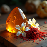 Best Luxury foaming hand soap with amber color, white flowers, and red saffron threads on wooden surface
