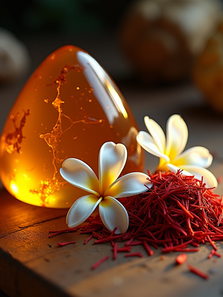 Best Luxury foaming hand soap with amber color, white flowers, and red saffron threads on wooden surface
