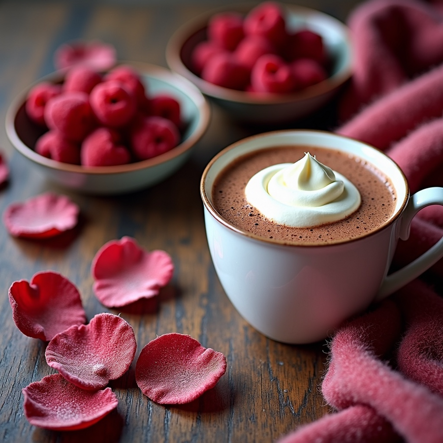 Hot chocolate with whipped cream surrounded by raspberries and rose petals for Billie Eilish fragrance dupe