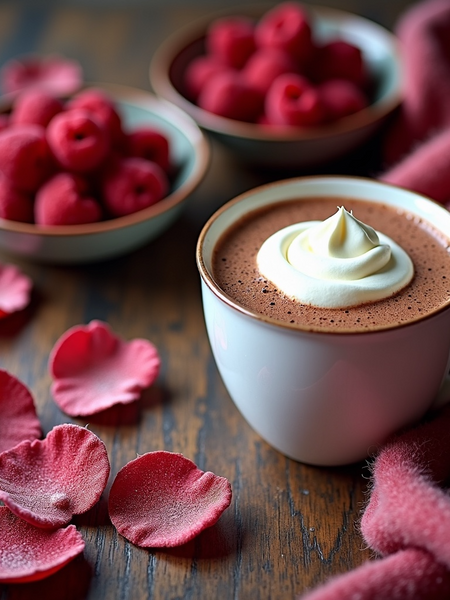 Hot chocolate with whipped cream surrounded by raspberries and rose petals for Billie Eilish fragrance dupe