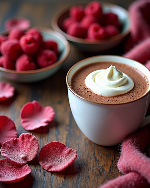 Hot chocolate with whipped cream surrounded by raspberries and rose petals for Billie Eilish fragrance dupe