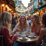 Group of friends enjoying coffee and pastries outdoors at a cozy cafe in the evening