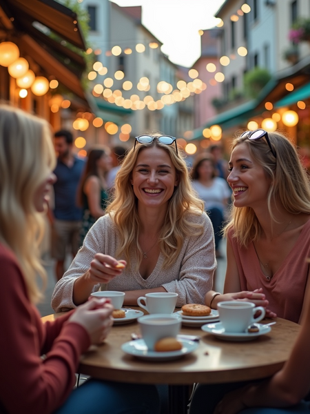 Group of friends enjoying coffee and pastries outdoors at a cozy cafe in the evening