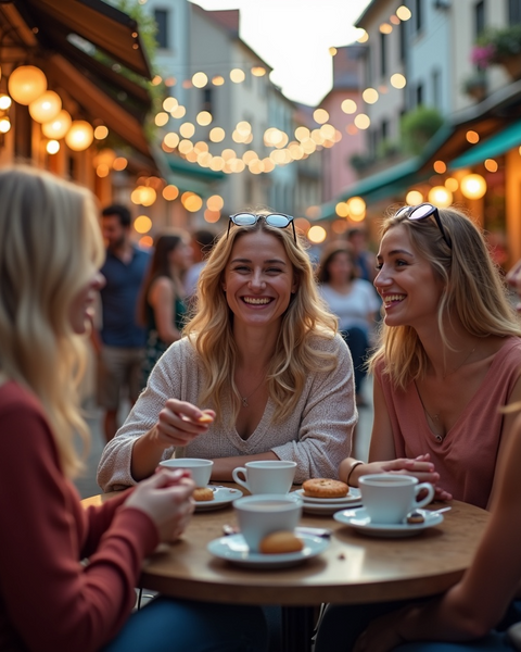 Group of friends enjoying coffee and pastries outdoors at a cozy cafe in the evening