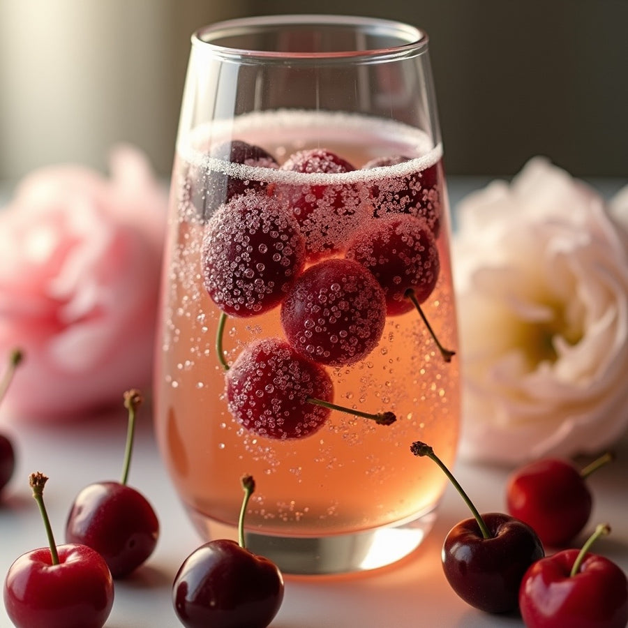 Black cherry roll on perfume inspiration showing fresh cherries and sparkling pink drink with Sultry Scents branding