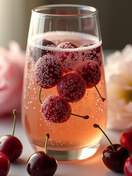 Black cherry roll on perfume inspiration showing fresh cherries and sparkling pink drink with Sultry Scents branding