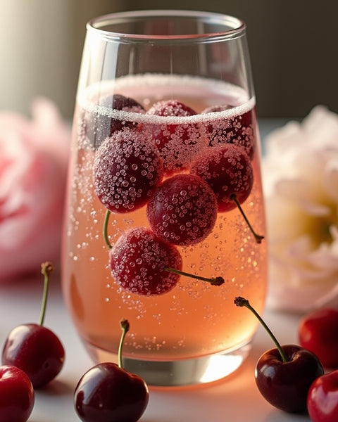Black cherry roll on perfume inspiration showing fresh cherries and sparkling pink drink with Sultry Scents branding