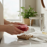 Sultry Scents Black Cherry Silk soap bar being washed in a modern bathroom setting