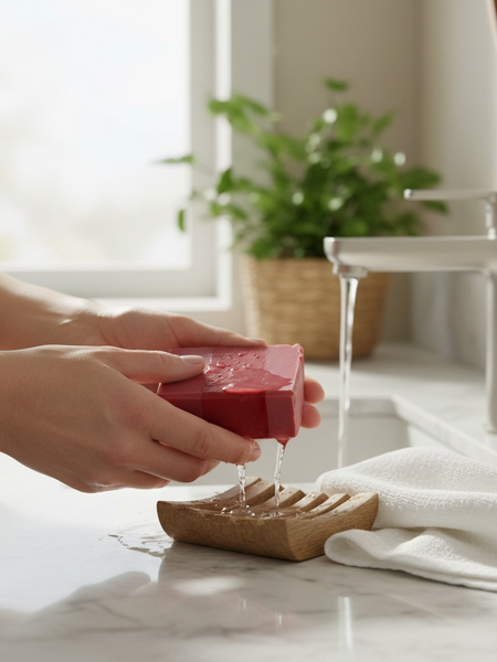 Sultry Scents Black Cherry Silk soap bar being washed in a modern bathroom setting