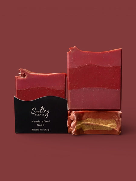 Black Cherry Silk soap bar by Sultry Scents in vibrant red with a smooth texture and elegant design
