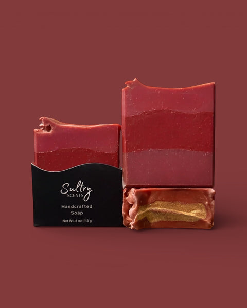 Black Cherry Silk soap bar by Sultry Scents in vibrant red with a smooth texture and elegant design
