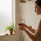 Woman using Black Cherry Silk soap bar in the shower for a luxurious cleansing experience